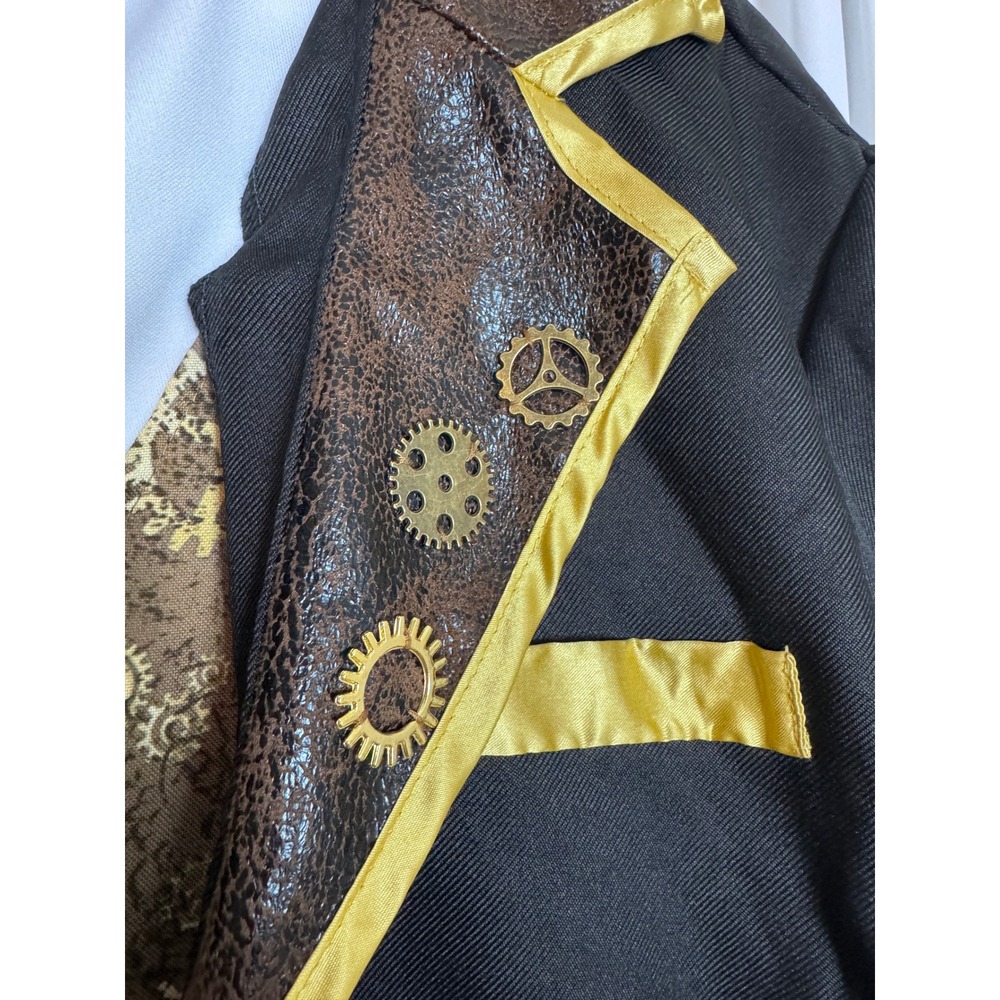 Steampunk Victorian Mens Costume Long Coat Vest Cravat Gear Details Black Gold - Picture 4 of 15